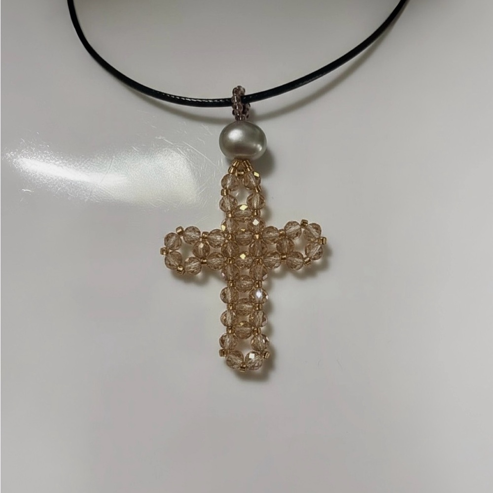 Beaded Champagne Cross Pendant Necklace (Handmade) - Picture 3 of 3